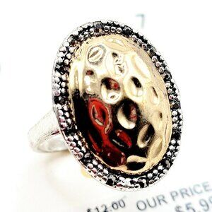 CATO Fashion Ring Size 7 Silver & Gold Tone Hammered On Top Rhinestones